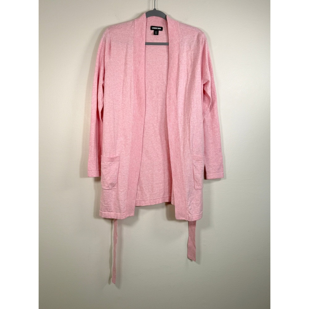 Lands' End Cotton Cashmere Cardigan Women S 6-8 Belted Pink Breathable Soft EUC